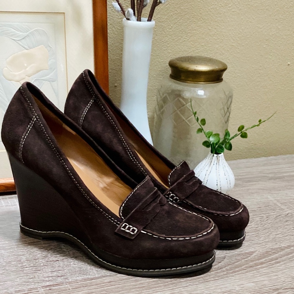 Marc Fisher Brown Suede Penny Loafer Wedge Heels